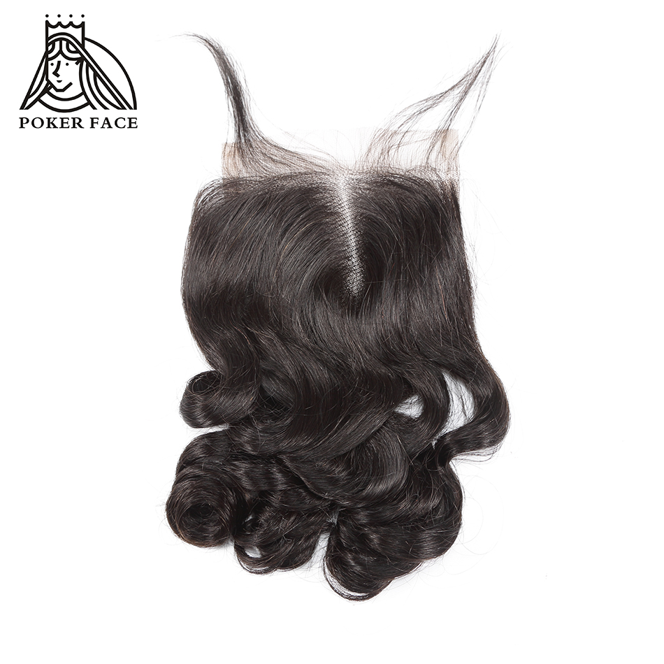 포커 얼굴 느슨한 웨이브 클로저 8-20 인치 자연 색상 4x4 레이스 클로저 100% 페루 인간의 머리카락 블랙 여성을위한 무료 배송
